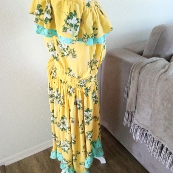 MATILDA JANE Gold & Aqua Floral Ruffled Off Shoulder Dress | L - Picture 6 of 8